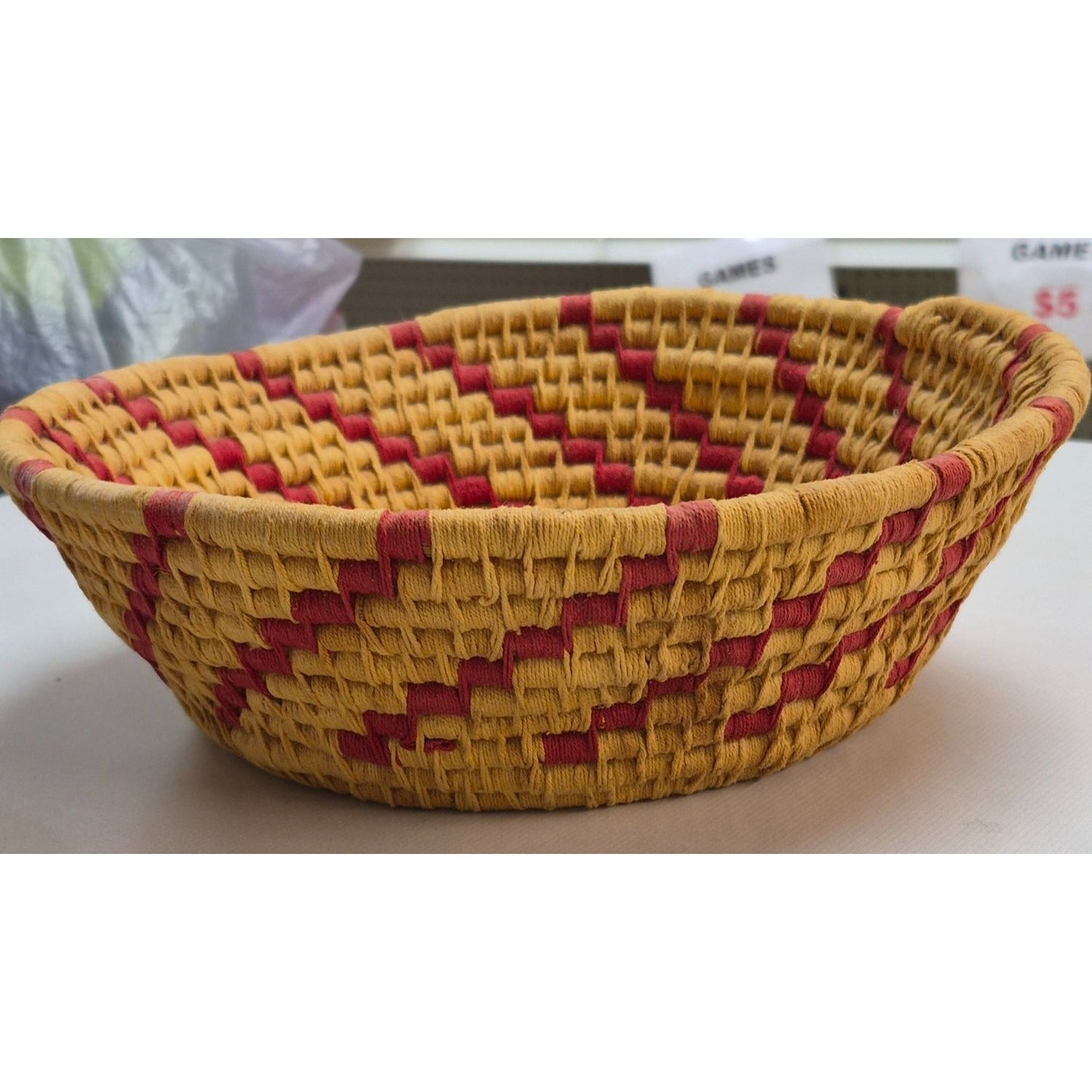 Handwoven Straw Basket With Red & Yellow Zigzag Pattern