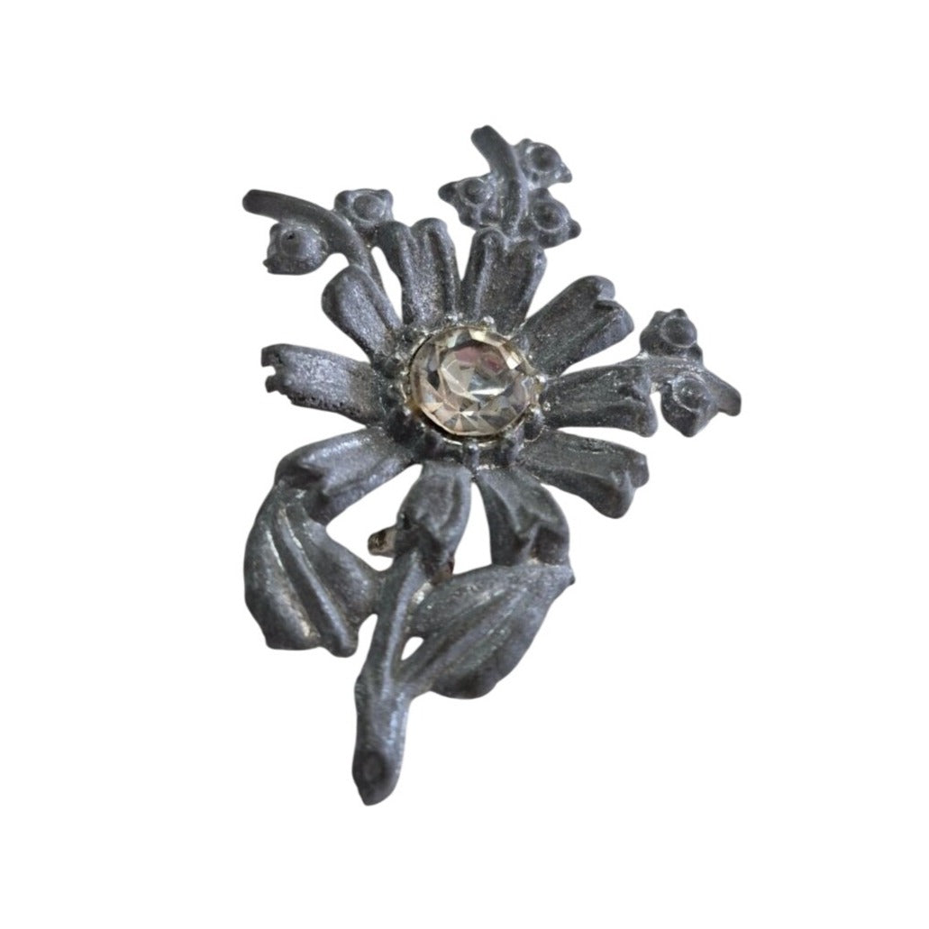 Vintage Pewter Flower Brooch Rhinestone Center Pin Jewelry Women