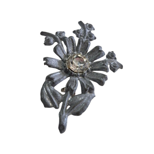 Vintage Pewter Flower Brooch Rhinestone Center Pin Jewelry Women