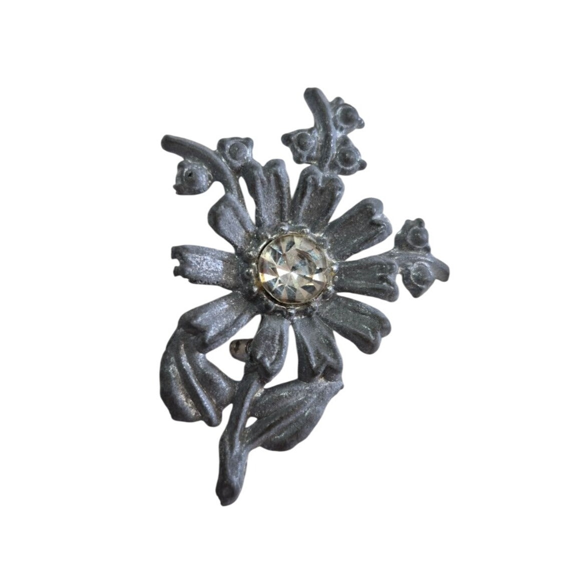 Vintage Pewter Flower Brooch Rhinestone Center Pin Jewelry Women