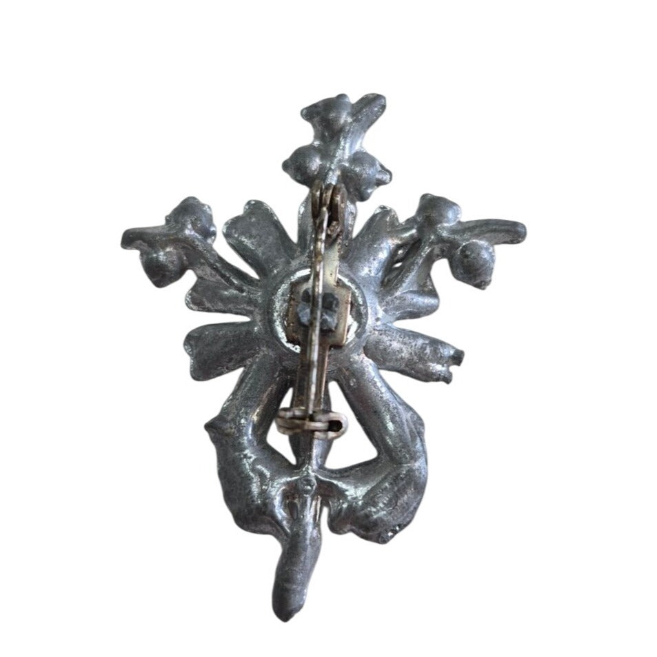 Vintage Pewter Flower Brooch Rhinestone Center Pin Jewelry Women
