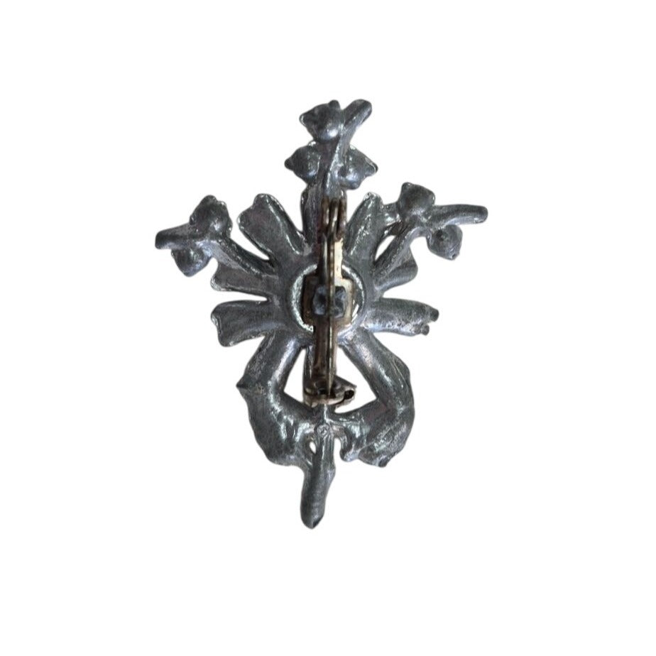 Vintage Pewter Flower Brooch Rhinestone Center Pin Jewelry Women