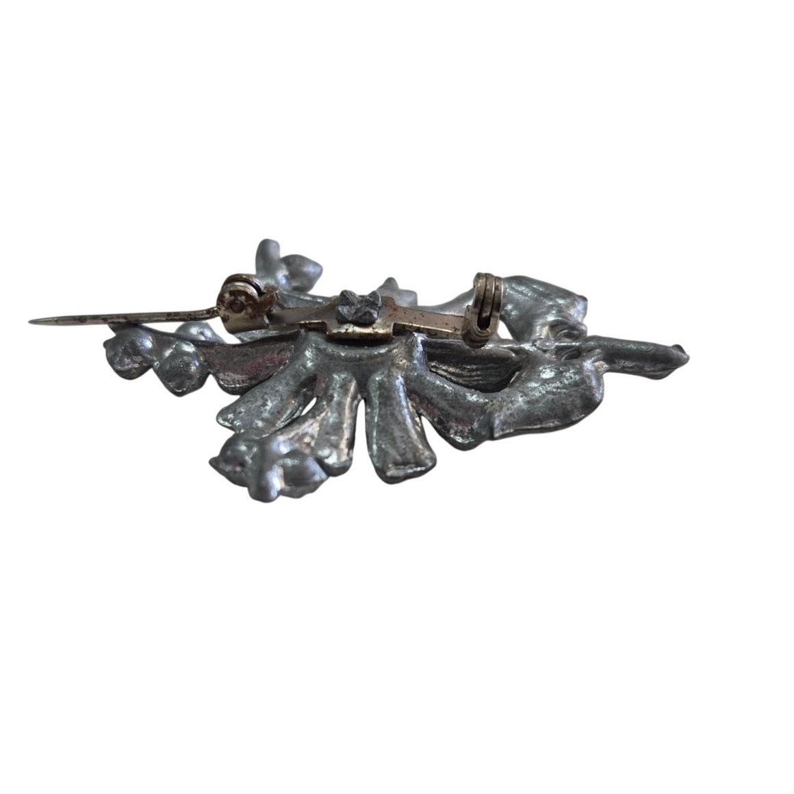 Vintage Pewter Flower Brooch Rhinestone Center Pin Jewelry Women