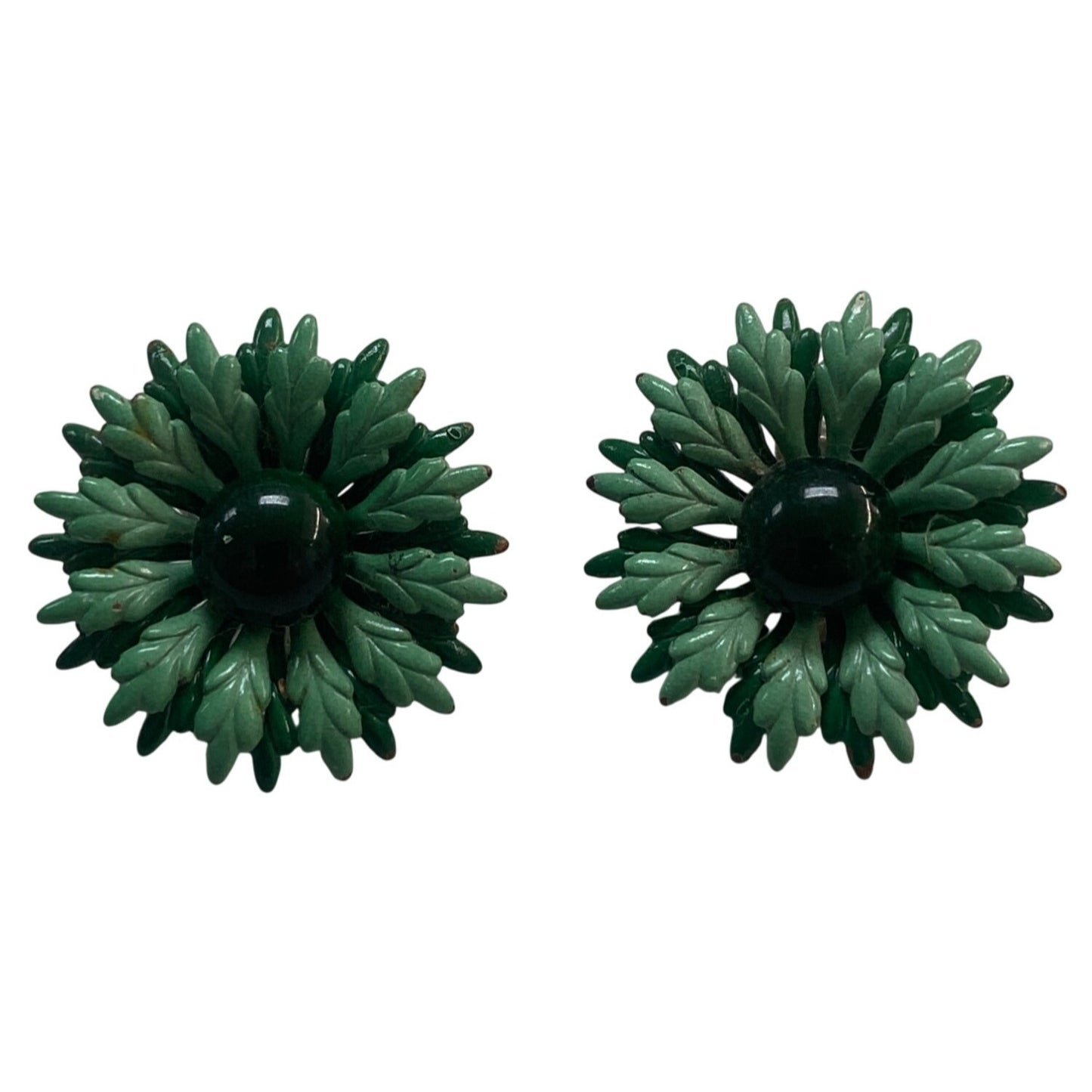 Vintage Green Floral Clip-On Earrings With Textured Leaf Design
