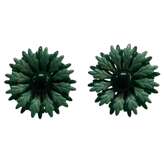Vintage Green Floral Clip-On Earrings With Textured Leaf Design