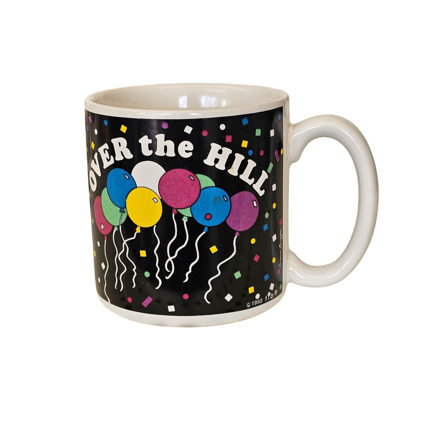 Vintage "Over The Hill" Mug With Balloons Design 1980 f.b. Bogart Ceramic Made In Korea Black & White