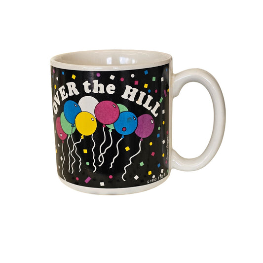 Vintage "Over The Hill" Mug With Balloons Design 1980 f.b. Bogart Ceramic Made In Korea Black & White