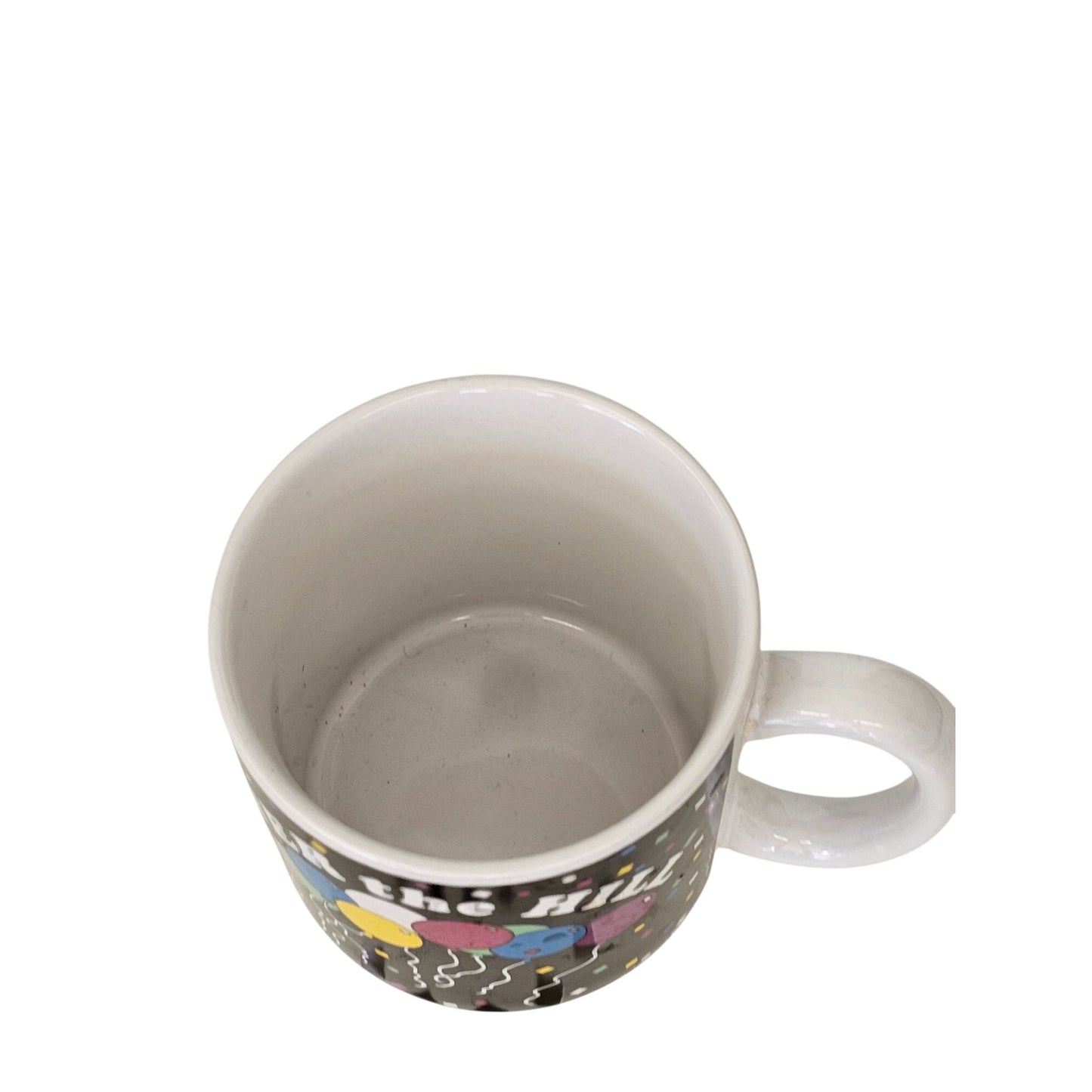 Vintage "Over The Hill" Mug With Balloons Design 1980 f.b. Bogart Ceramic Made In Korea Black & White