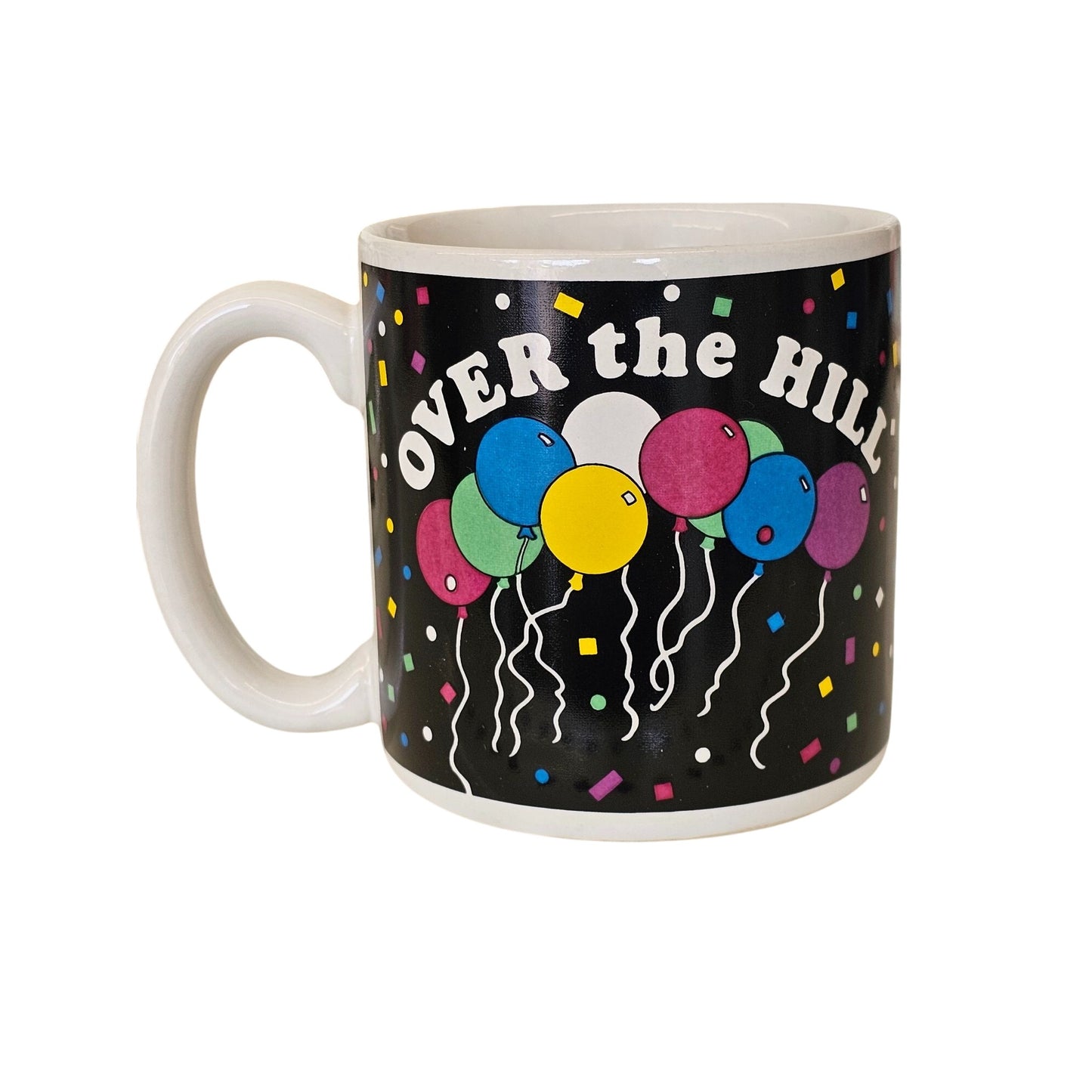 Vintage "Over The Hill" Mug With Balloons Design 1980 f.b. Bogart Ceramic Made In Korea Black & White