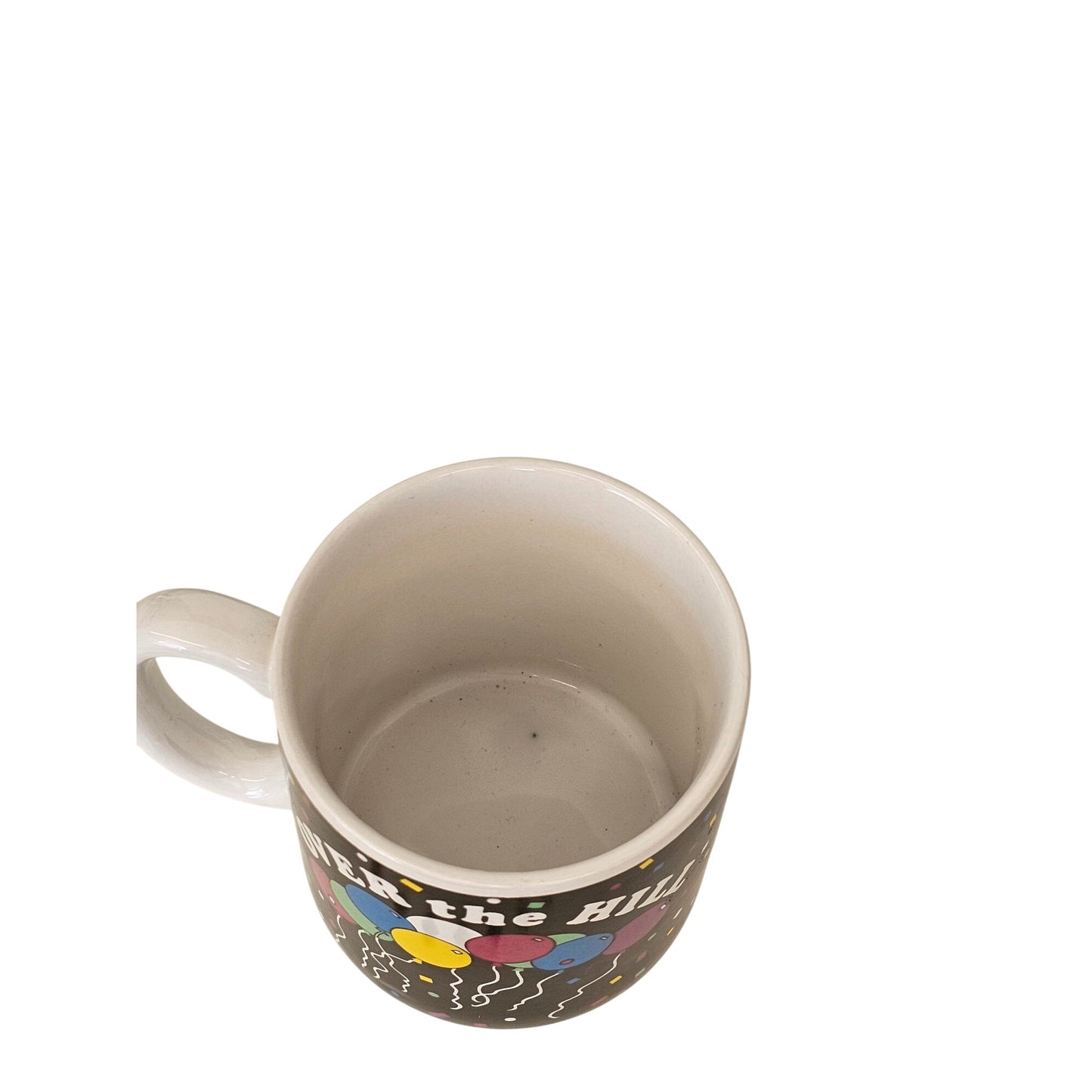Vintage "Over The Hill" Mug With Balloons Design 1980 f.b. Bogart Ceramic Made In Korea Black & White