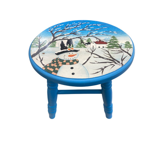 Hand-Painted Blue Snowman Wooden Stool