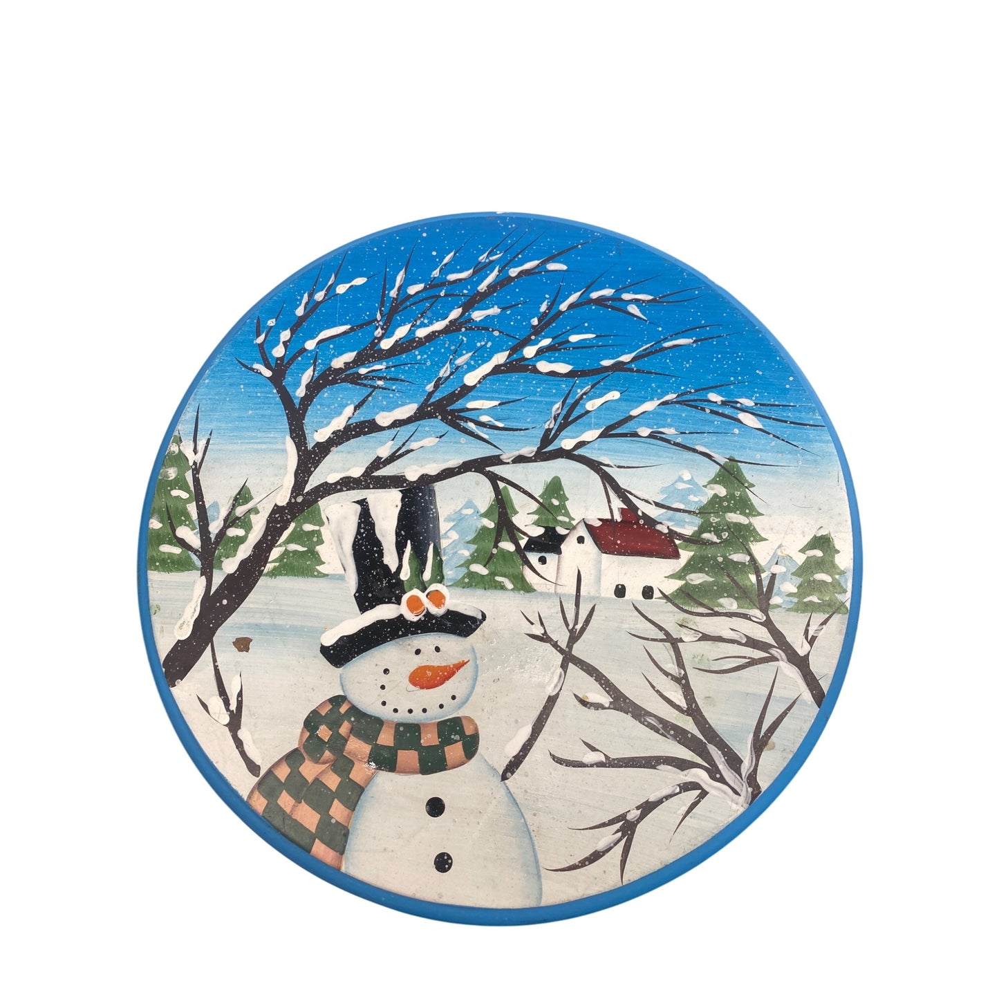 Hand-Painted Blue Snowman Wooden Stool