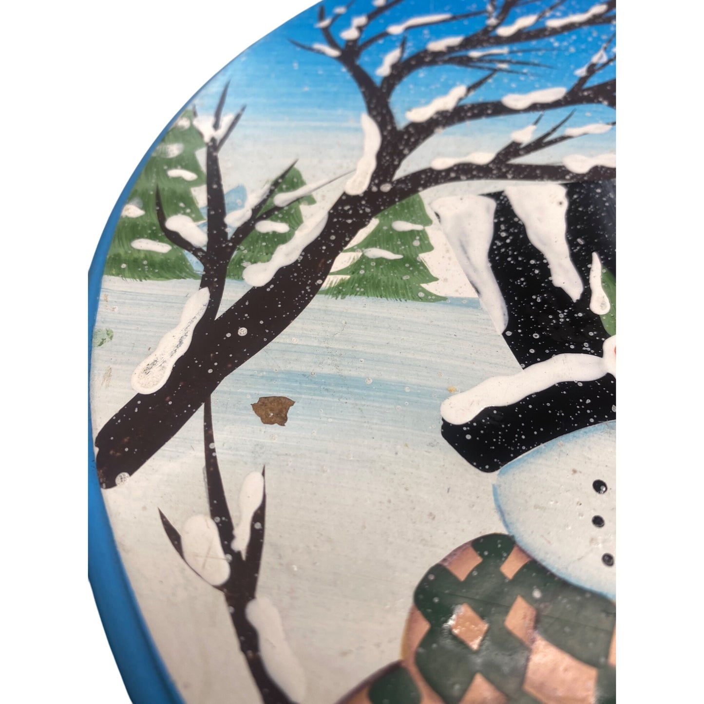 Hand-Painted Blue Snowman Wooden Stool