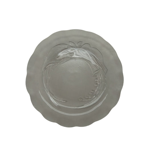 Clear Glass Plate With Embossed Fruit Pattern And Scalloped Edge