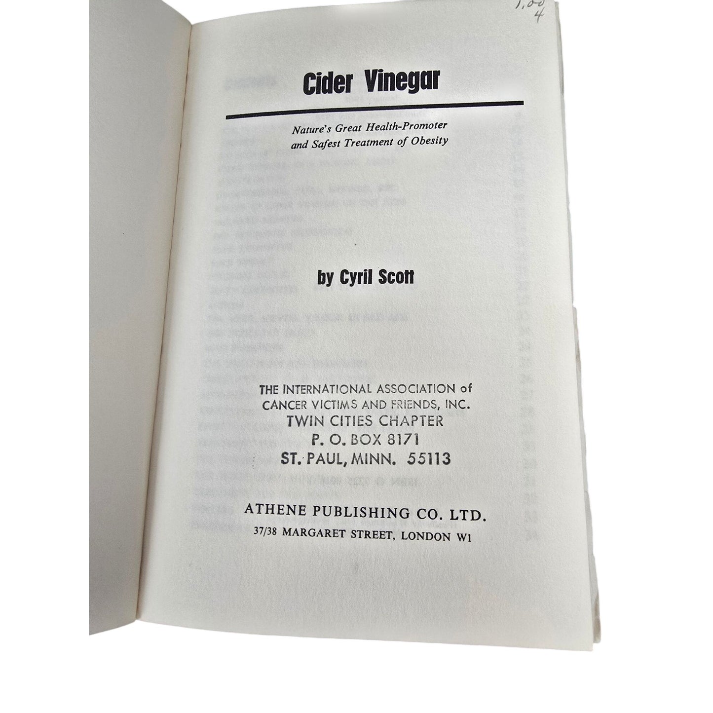 Cider Vinegar By Cyril Scott 6th Edition Revised Health Benefits & Obesity Treatment 1972 Athene Publishing