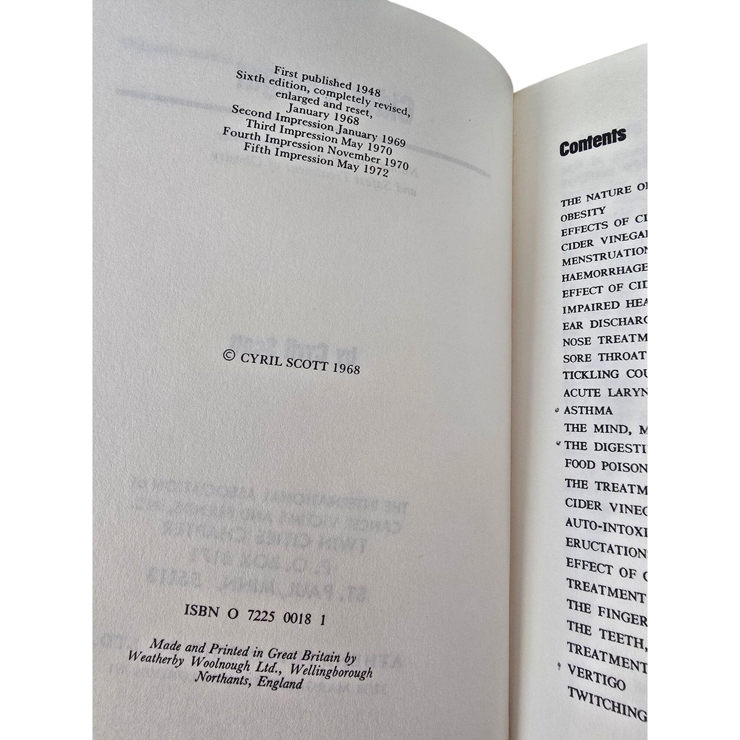 Cider Vinegar By Cyril Scott 6th Edition Revised Health Benefits & Obesity Treatment 1972 Athene Publishing