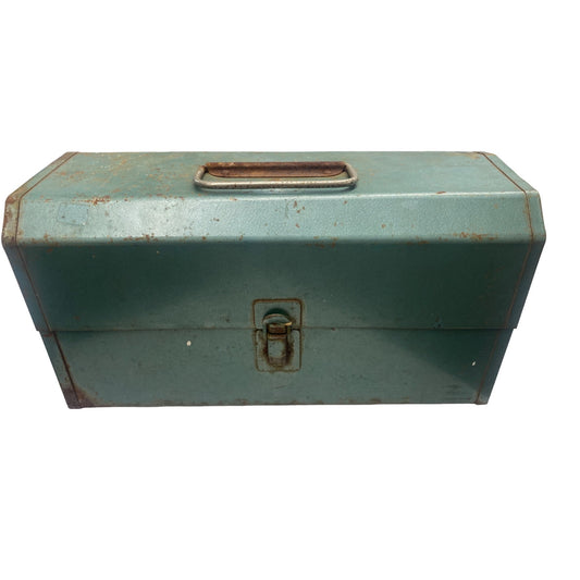 Vintage Metal Toolbox With Handle & Latch Rustic Green Distressed Condition 13”