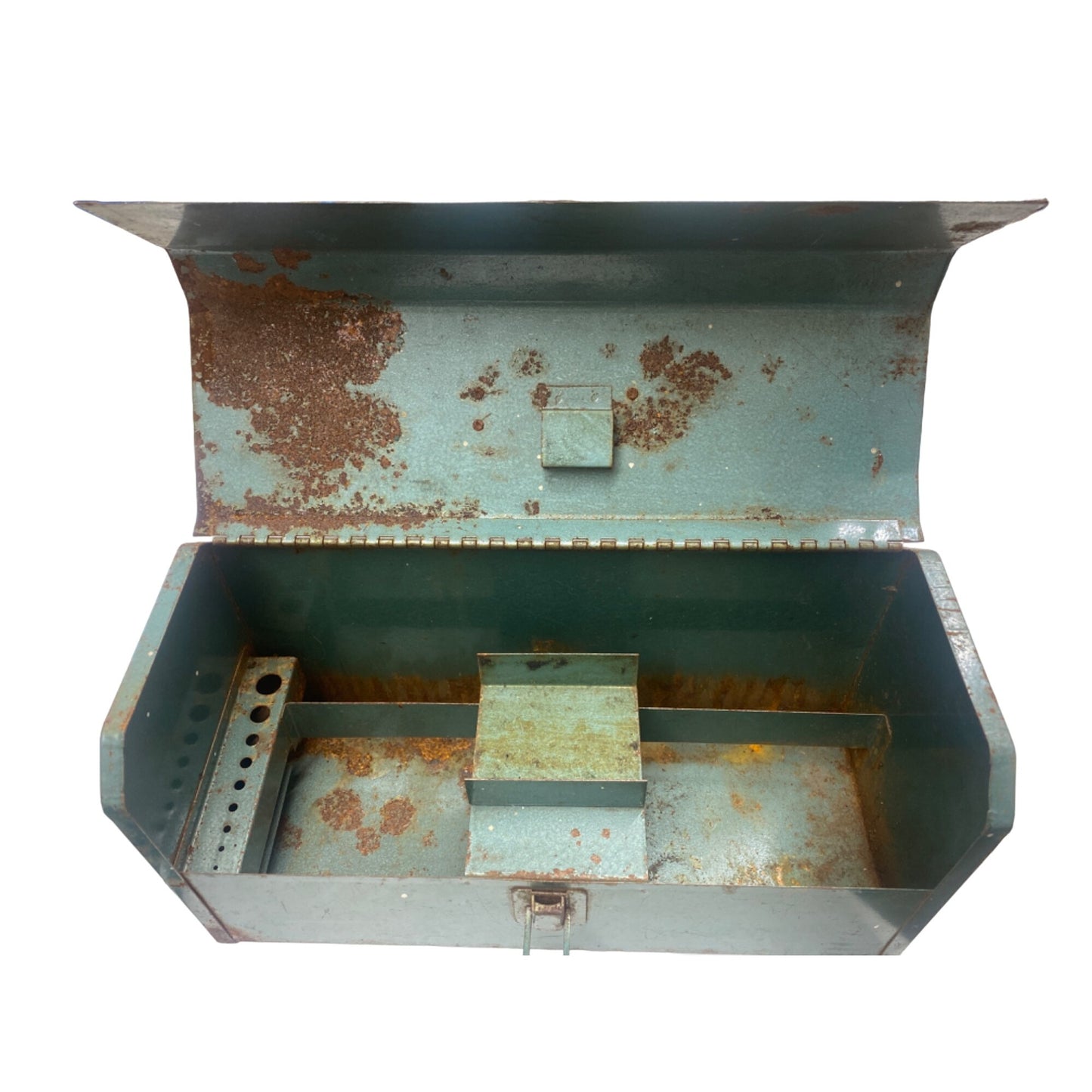 Vintage Metal Toolbox With Handle & Latch Rustic Green Distressed Condition 13”