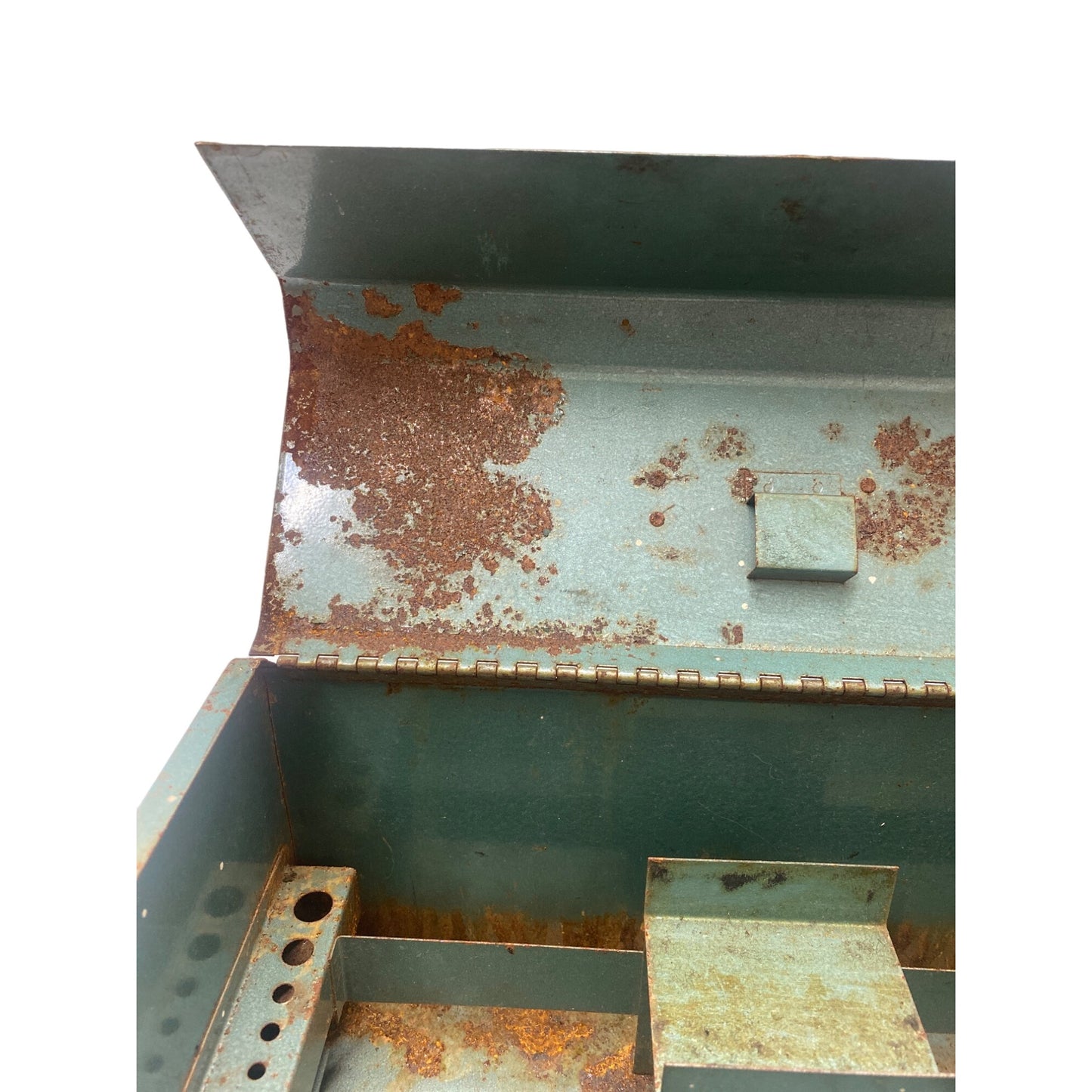 Vintage Metal Toolbox With Handle & Latch Rustic Green Distressed Condition 13”