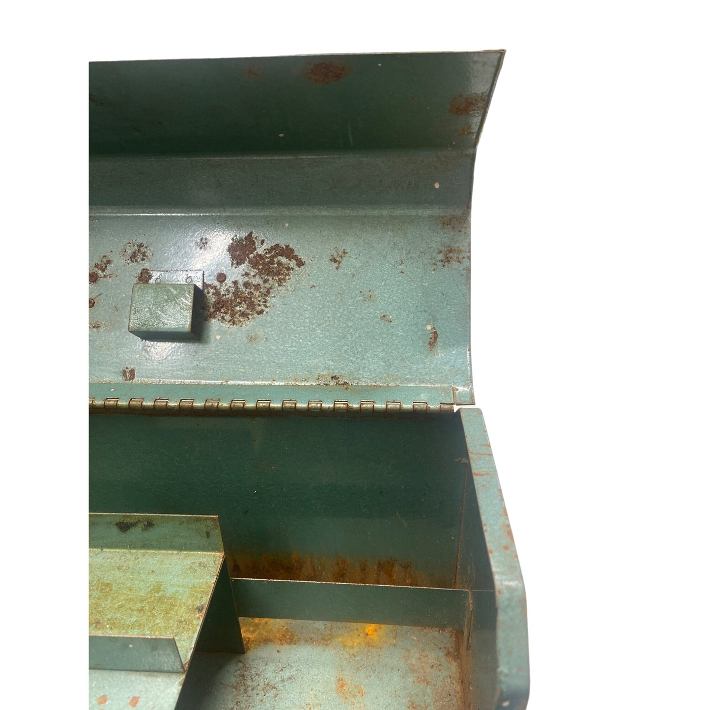 Vintage Metal Toolbox With Handle & Latch Rustic Green Distressed Condition 13”