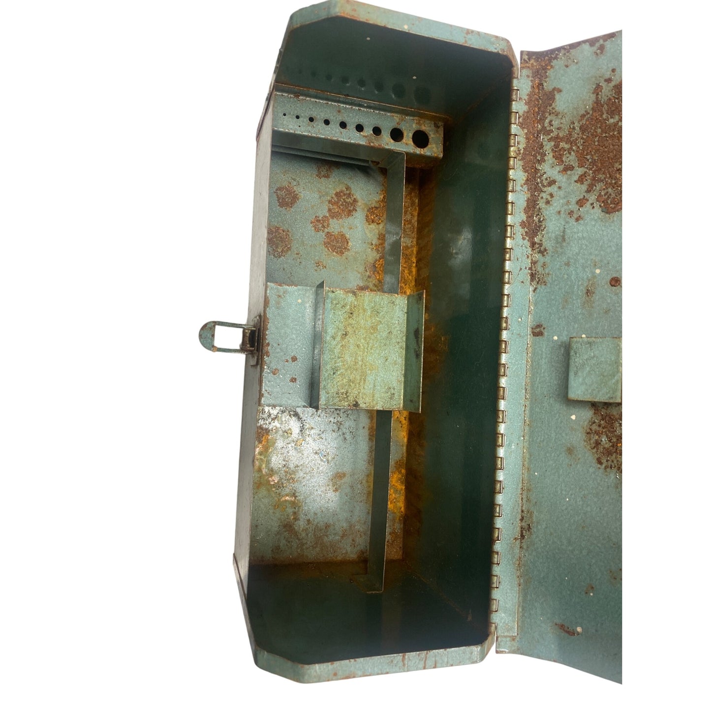 Vintage Metal Toolbox With Handle & Latch Rustic Green Distressed Condition 13”