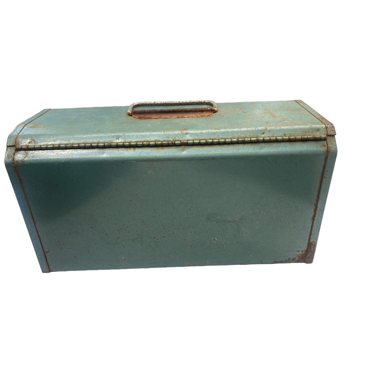 Vintage Metal Toolbox With Handle & Latch Rustic Green Distressed Condition 13”