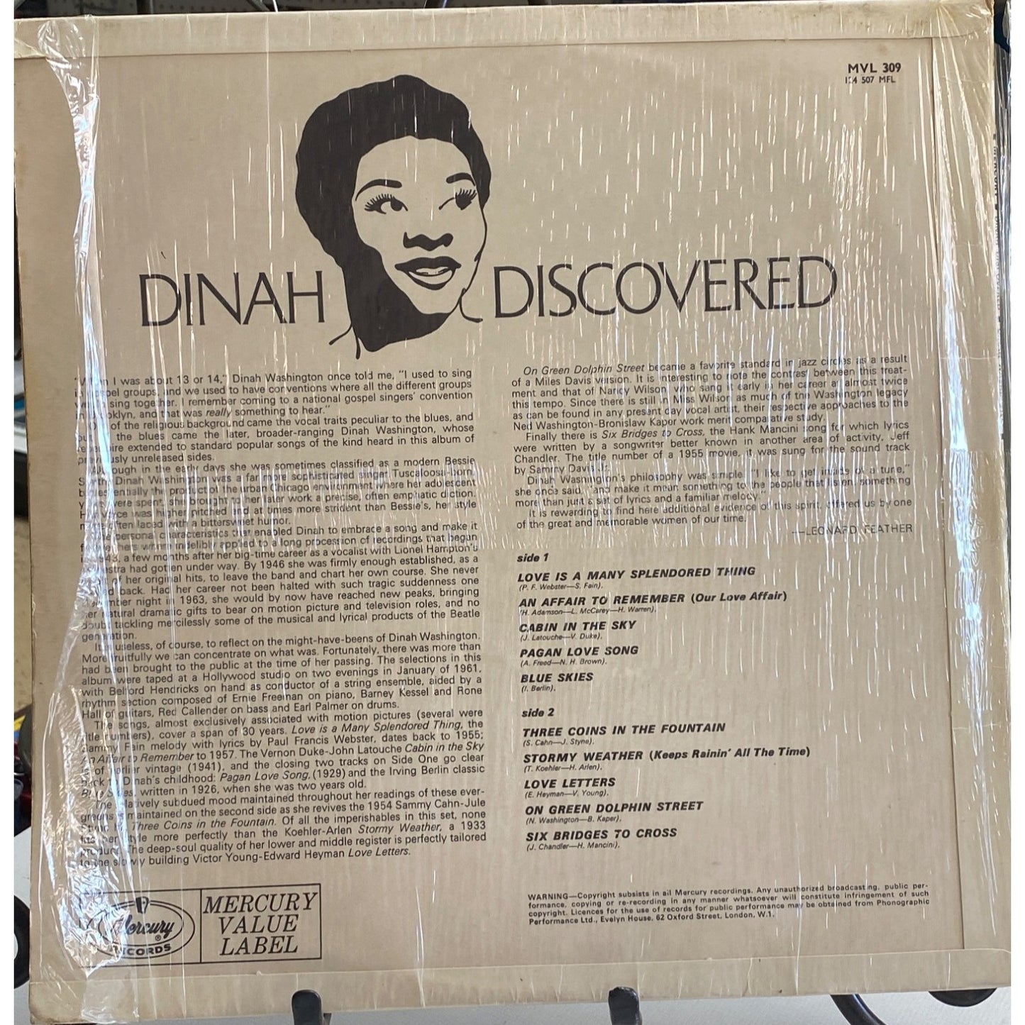 Dinah Washington "Dinah Discovered" Vinyl LP 33 RPM Mercury Records MVL 309