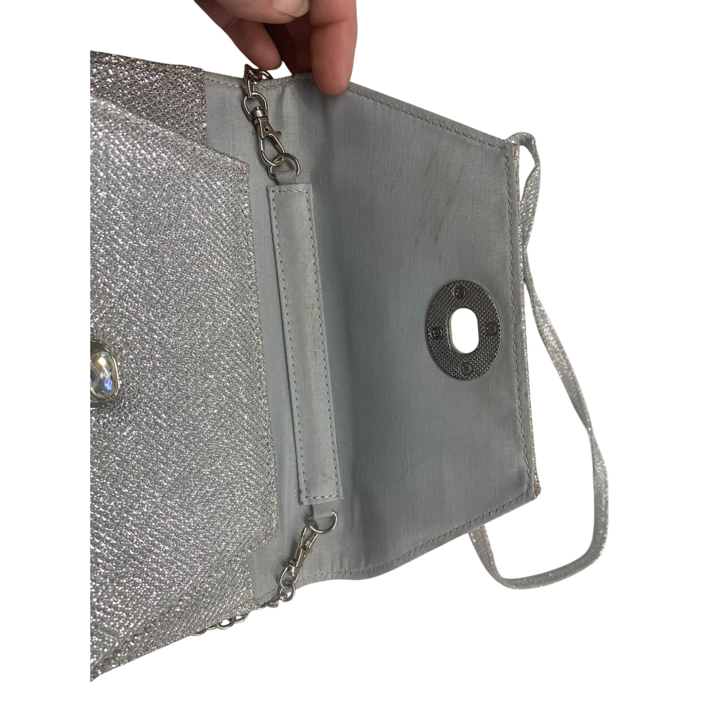 Silver Evening Clutch Bag With Chain Strap & Turn Lock Closure Fiona Night Purse