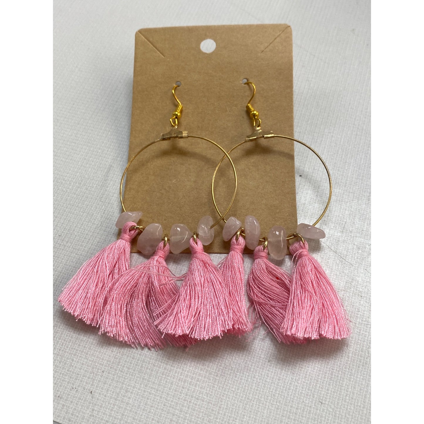New Handmade Fan Tassel Stone Earrings Gold Boho Jewelry Pink Thread