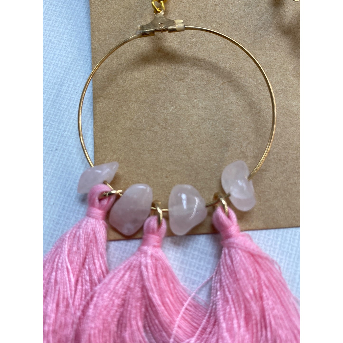 New Handmade Fan Tassel Stone Earrings Gold Boho Jewelry Pink Thread