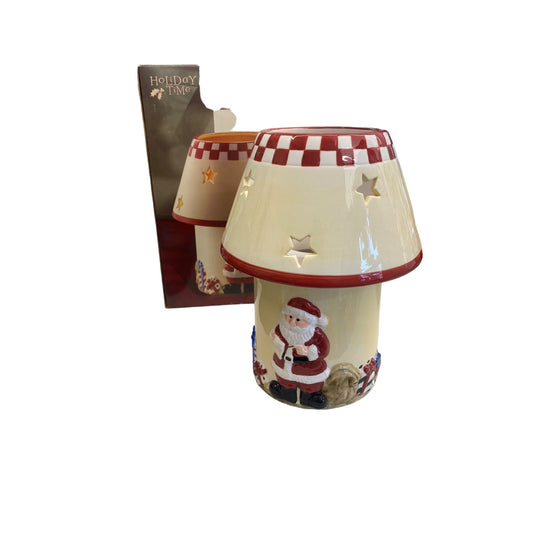Holiday Time Ceramic Candle Lamp W/ Santa & Fireplace Two-Piece Festive Decor Star Cutouts 9" Tall