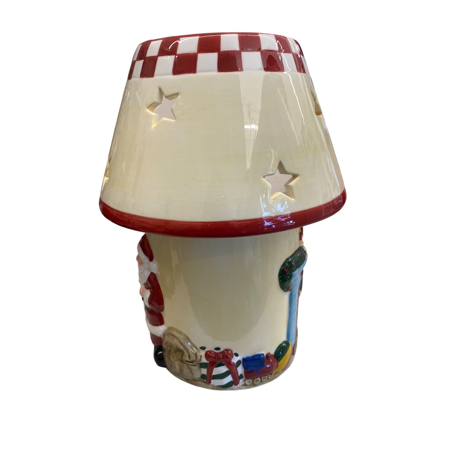 Holiday Time Ceramic Candle Lamp W/ Santa & Fireplace Two-Piece Festive Decor Star Cutouts 9" Tall