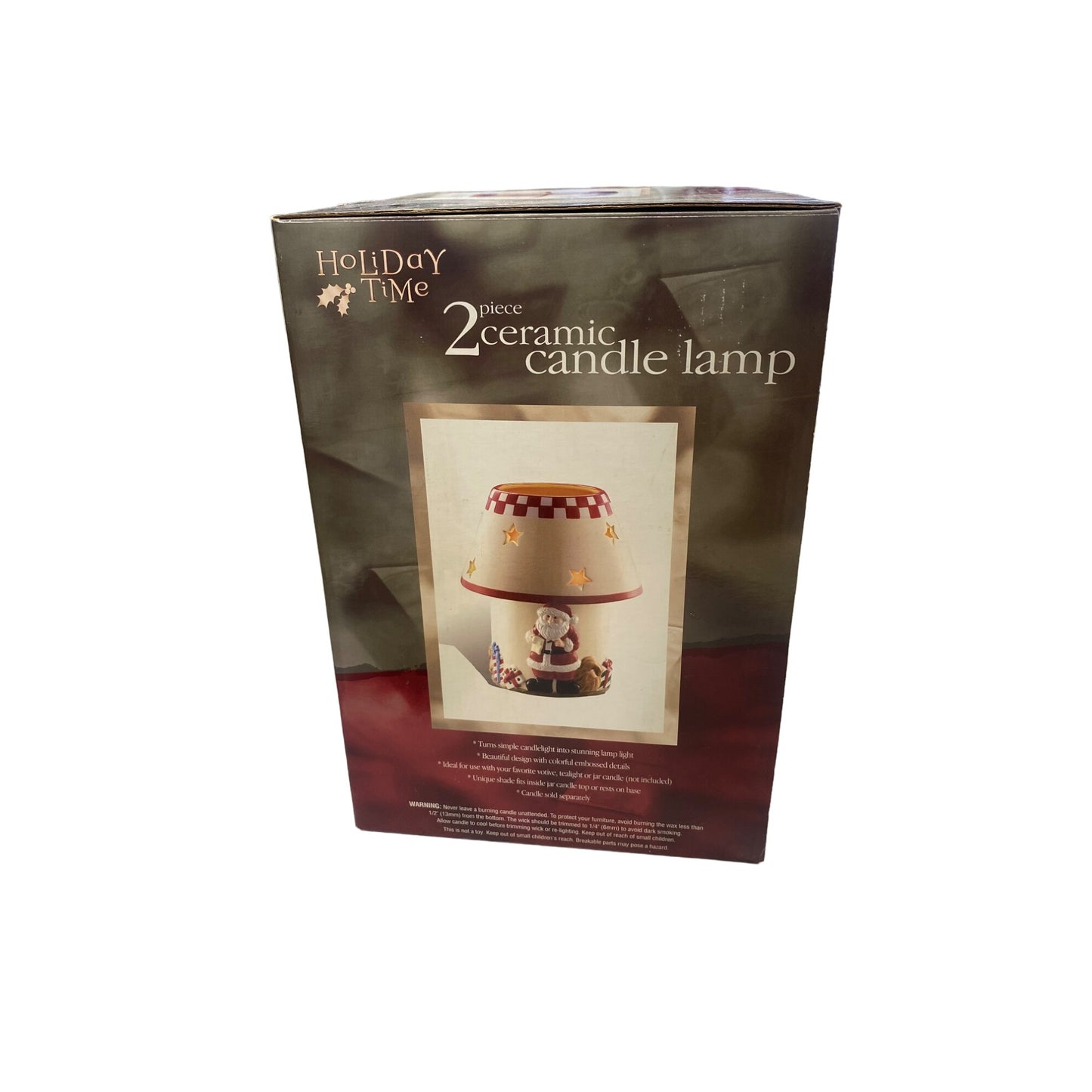 Holiday Time Ceramic Candle Lamp W/ Santa & Fireplace Two-Piece Festive Decor Star Cutouts 9" Tall