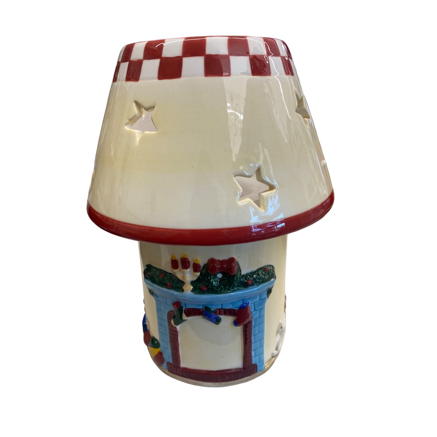 Holiday Time Ceramic Candle Lamp W/ Santa & Fireplace Two-Piece Festive Decor Star Cutouts 9" Tall