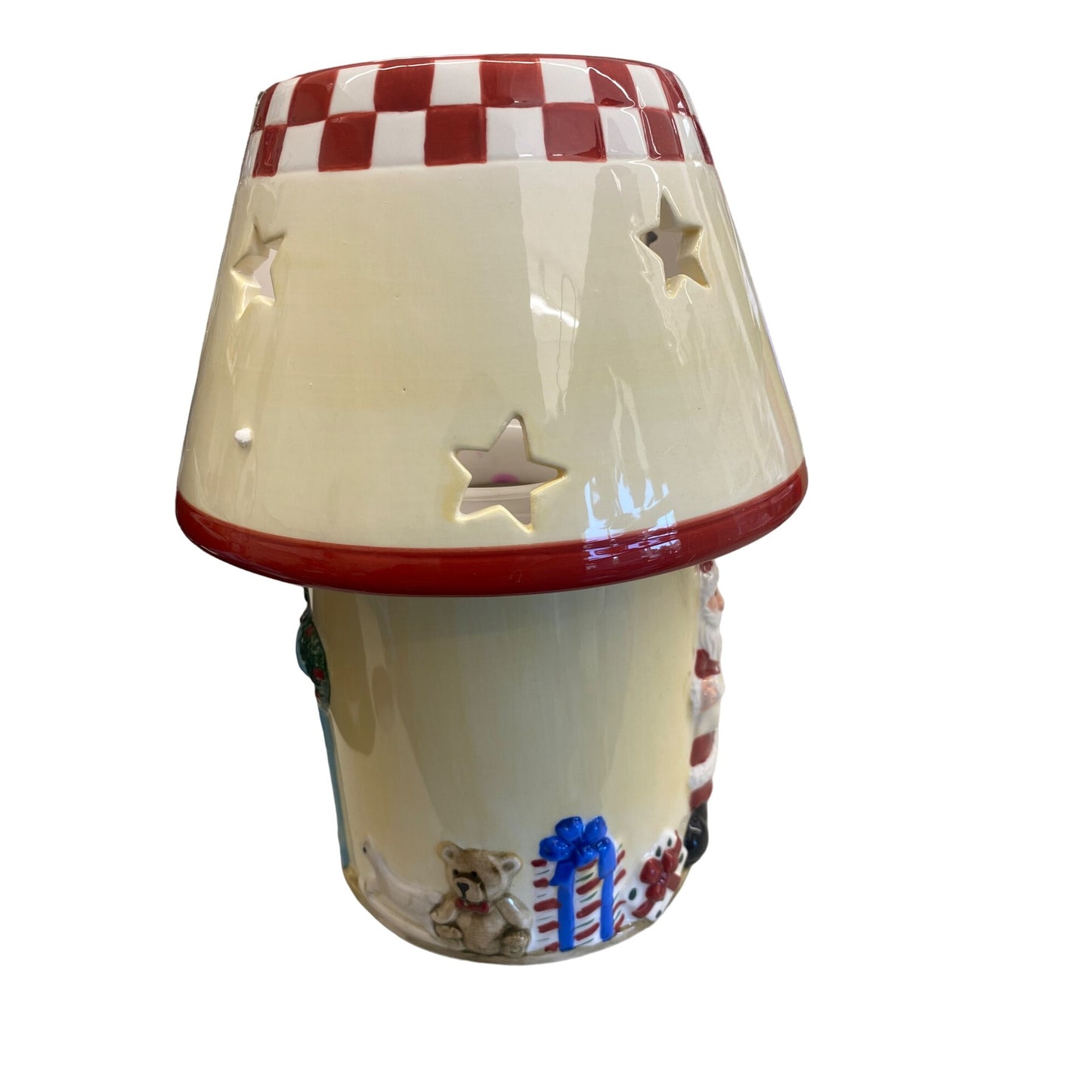 Holiday Time Ceramic Candle Lamp W/ Santa & Fireplace Two-Piece Festive Decor Star Cutouts 9" Tall