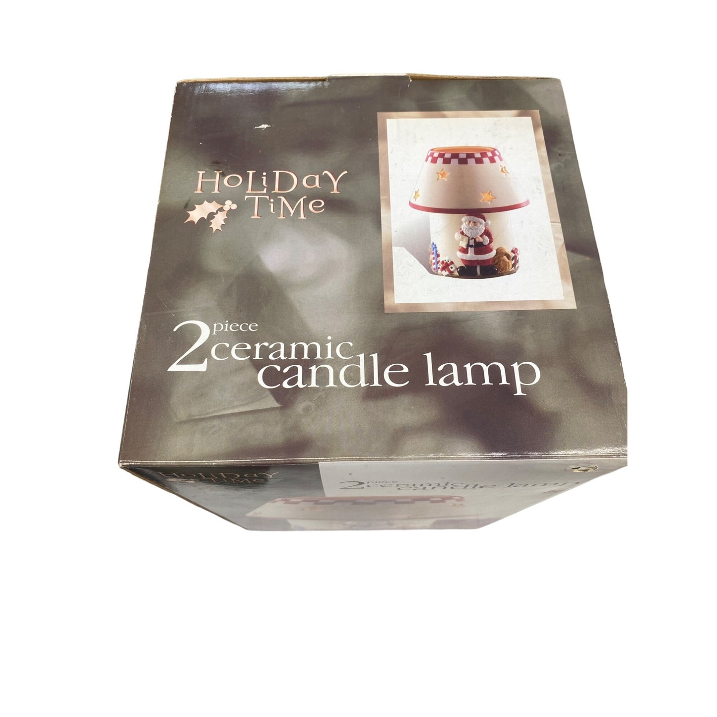 Holiday Time Ceramic Candle Lamp W/ Santa & Fireplace Two-Piece Festive Decor Star Cutouts 9" Tall