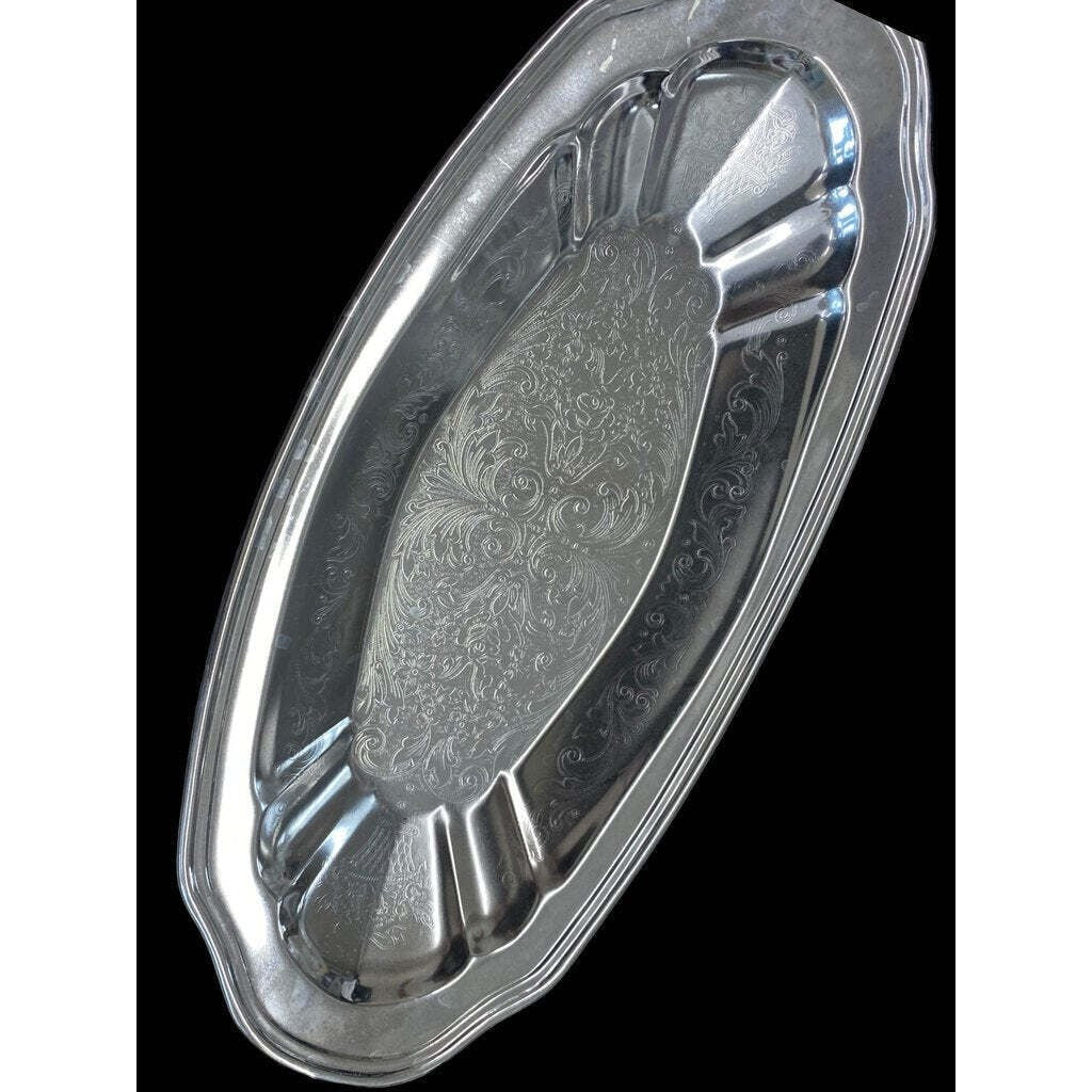 Large Etched Silver Serving Tray Platter