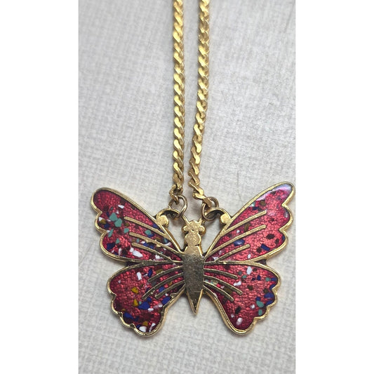 Gold‑Tone Butterfly Necklace Red Enamel Confetti Wings Twist Rope Chain Vintage