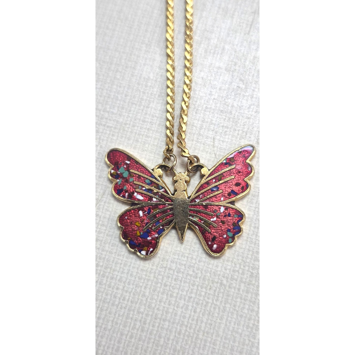 Gold‑Tone Butterfly Necklace Red Enamel Confetti Wings Twist Rope Chain Vintage