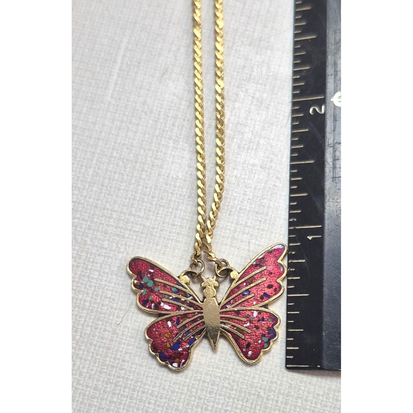 Gold‑Tone Butterfly Necklace Red Enamel Confetti Wings Twist Rope Chain Vintage