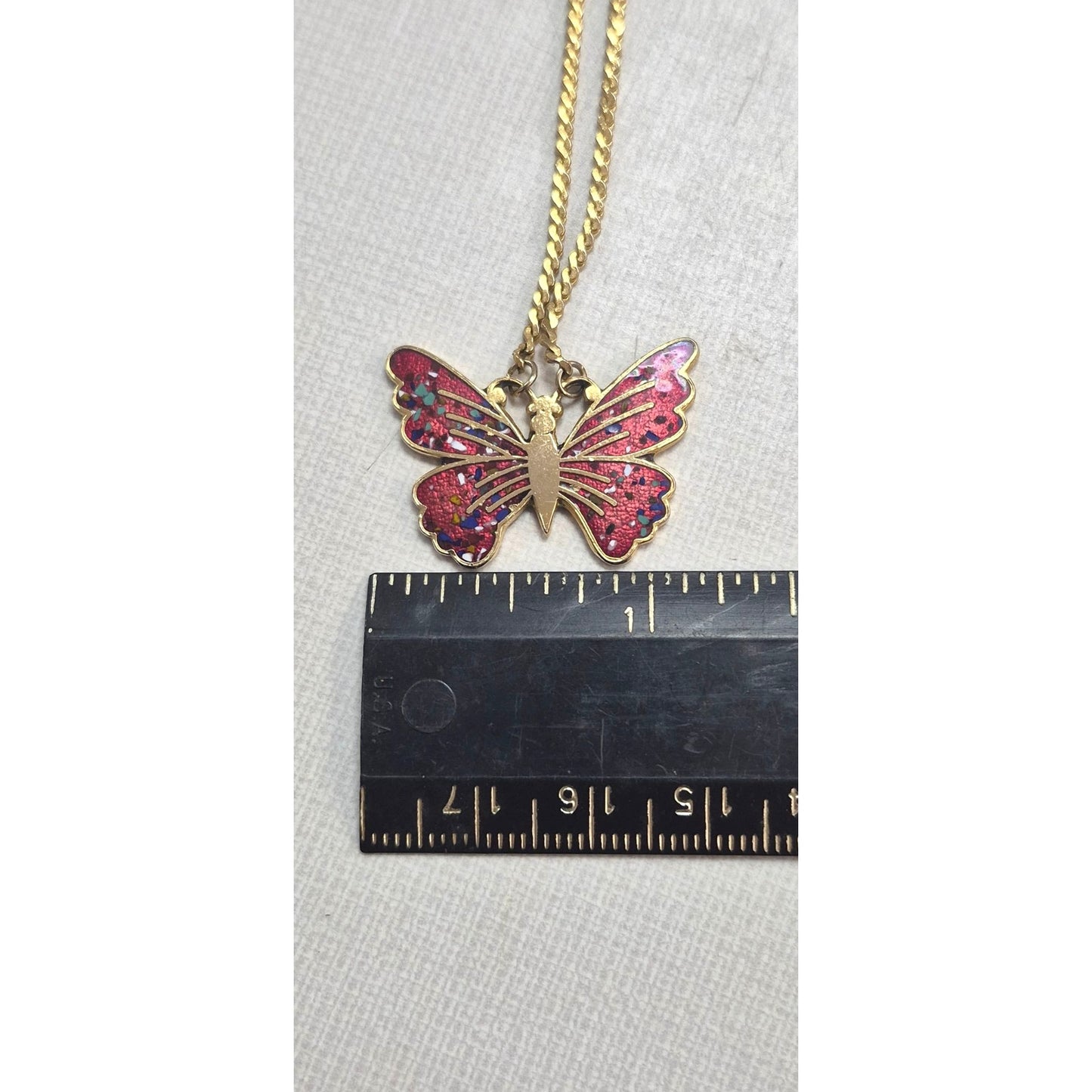 Gold‑Tone Butterfly Necklace Red Enamel Confetti Wings Twist Rope Chain Vintage