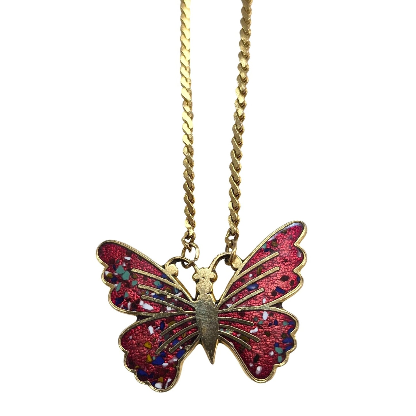 Gold‑Tone Butterfly Necklace Red Enamel Confetti Wings Twist Rope Chain Vintage