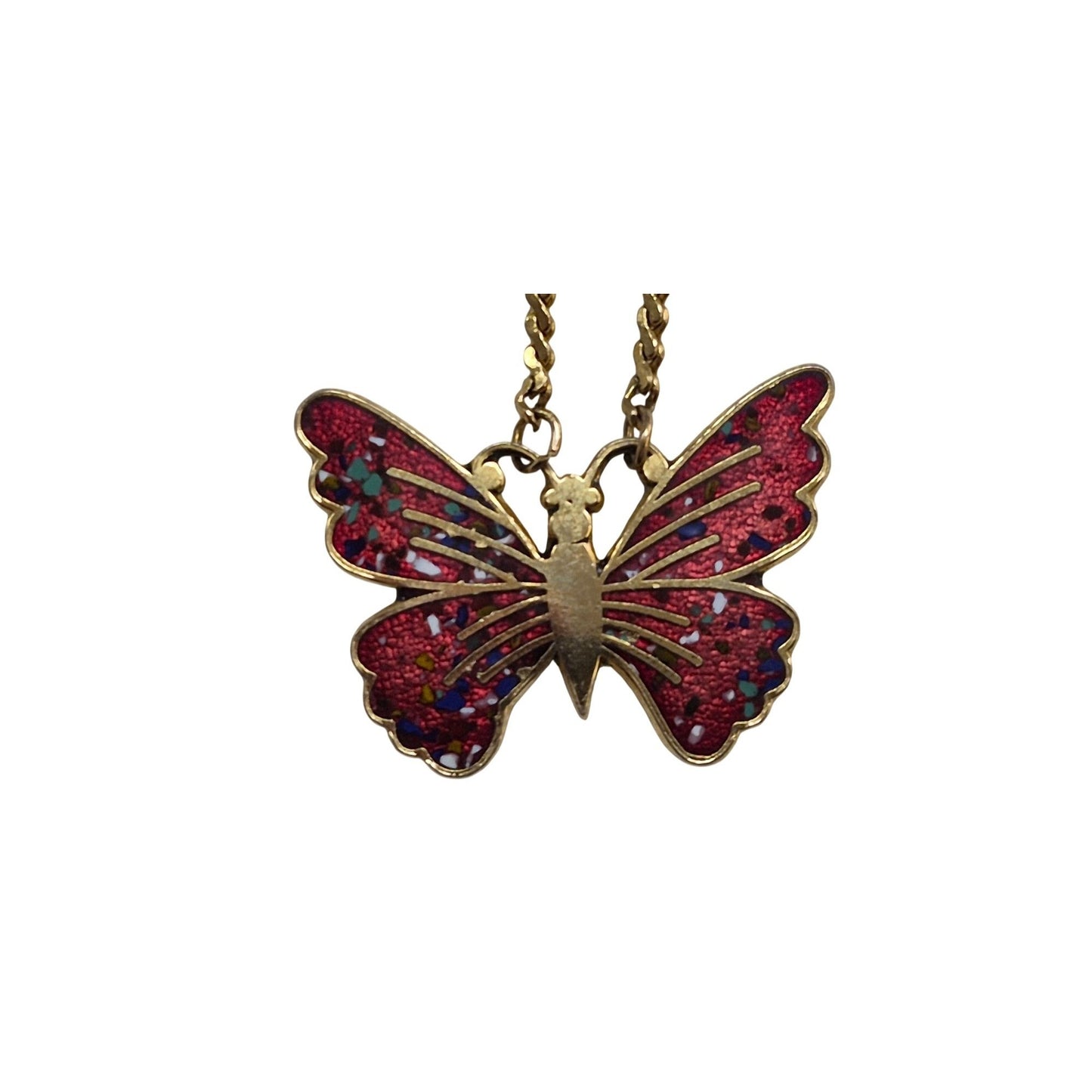 Gold‑Tone Butterfly Necklace Red Enamel Confetti Wings Twist Rope Chain Vintage