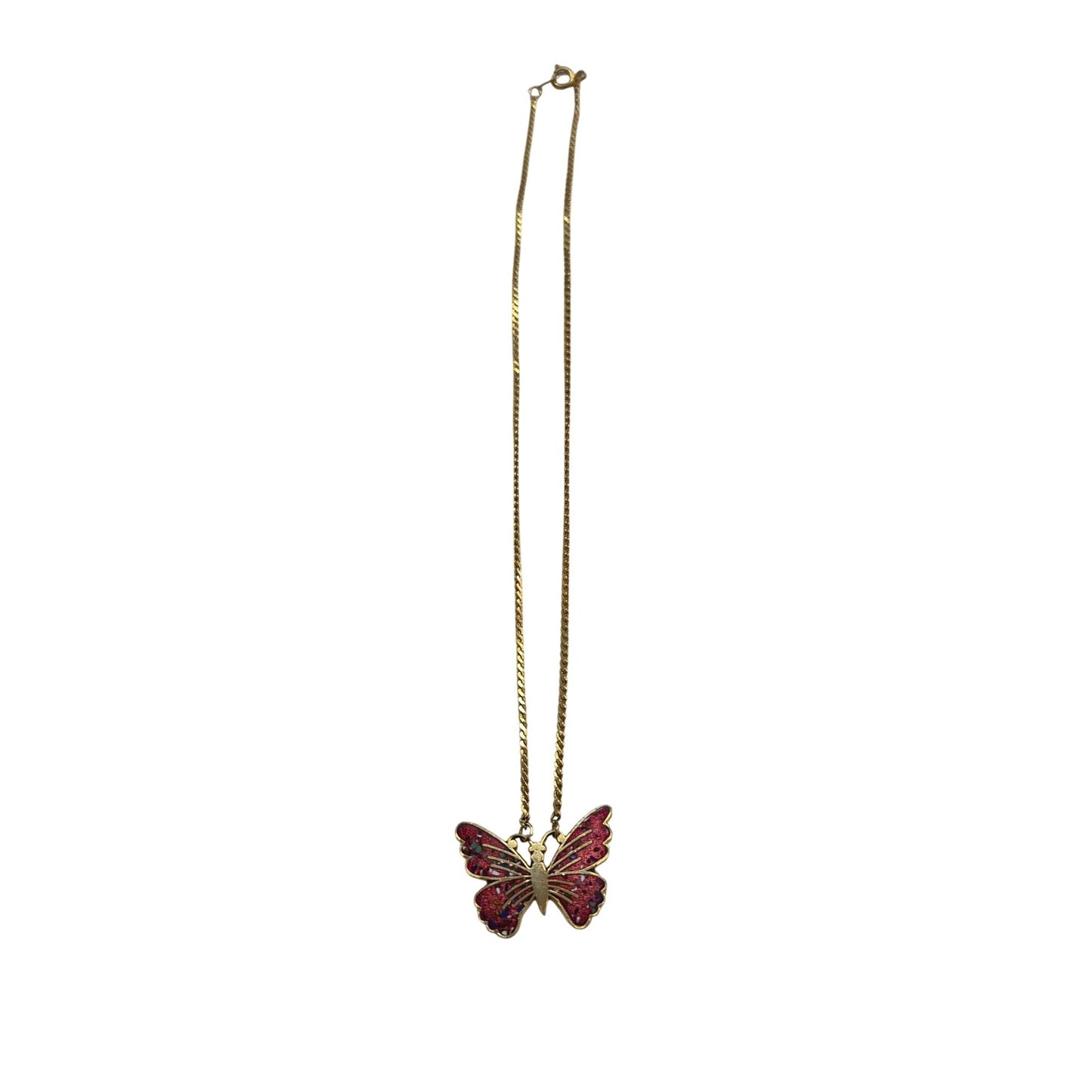 Gold‑Tone Butterfly Necklace Red Enamel Confetti Wings Twist Rope Chain Vintage