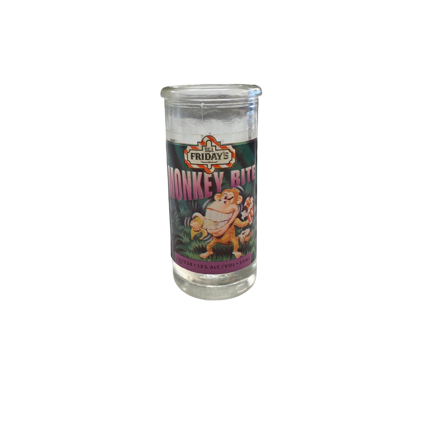 TGI Fridays Monkey Bite Glass Jar 2.5 Oz Clear Glass Shot Size Collectible Novelty Barware