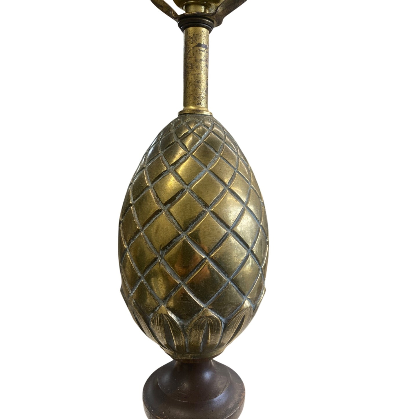 Vintage Mid-Century Pineapple Table Lamp Brass & Wood 35.5”Tall Lamp With Harp & Finial Accent