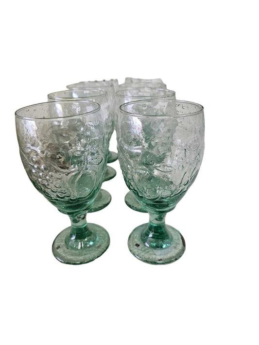 Vintage Libby Spanish Green Glass Orchard Fruit Iced Tea, Water Goblet, Set 8