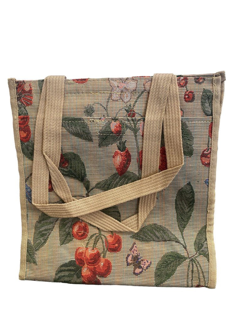 Vintage Bovanou U.S.A. CO. Tapestry Luggage Bag Berries, Flowers, Butterflies 12"x12x5"