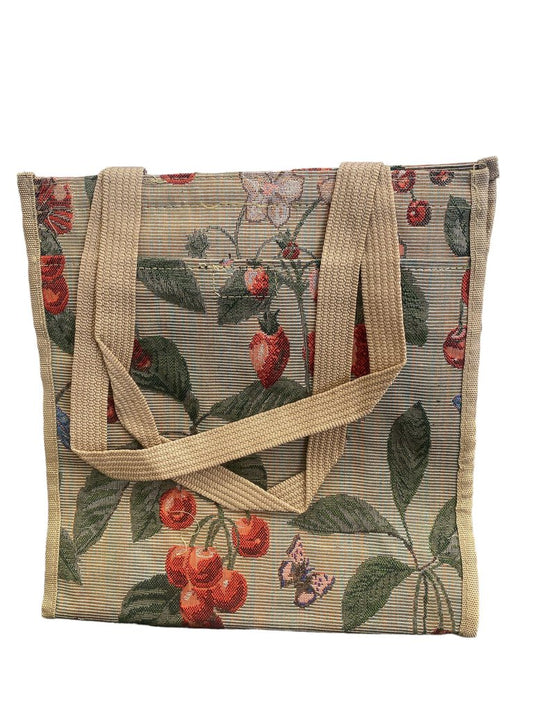 Vintage Bovanou U.S.A. CO. Tapestry Luggage Bag Berries, Flowers, Butterflies 12"x12x5"