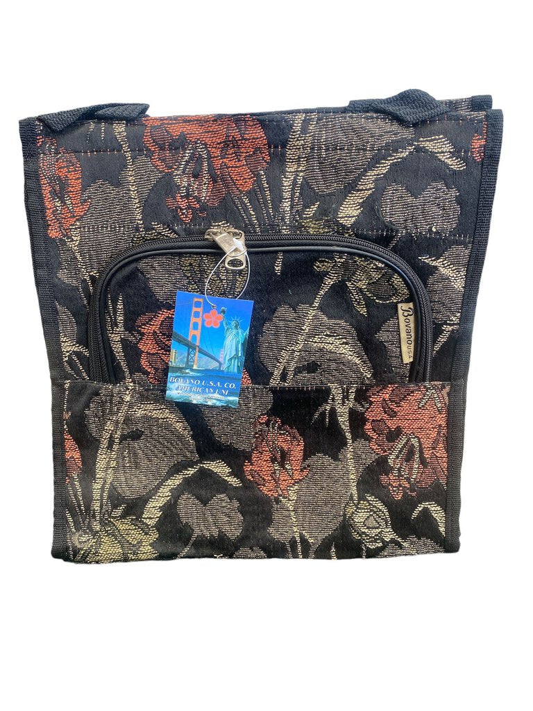 Vintage Bovanou U.S.A. CO. Tapestry Luggage Bag Red Flowers on Black 12"x12x5"